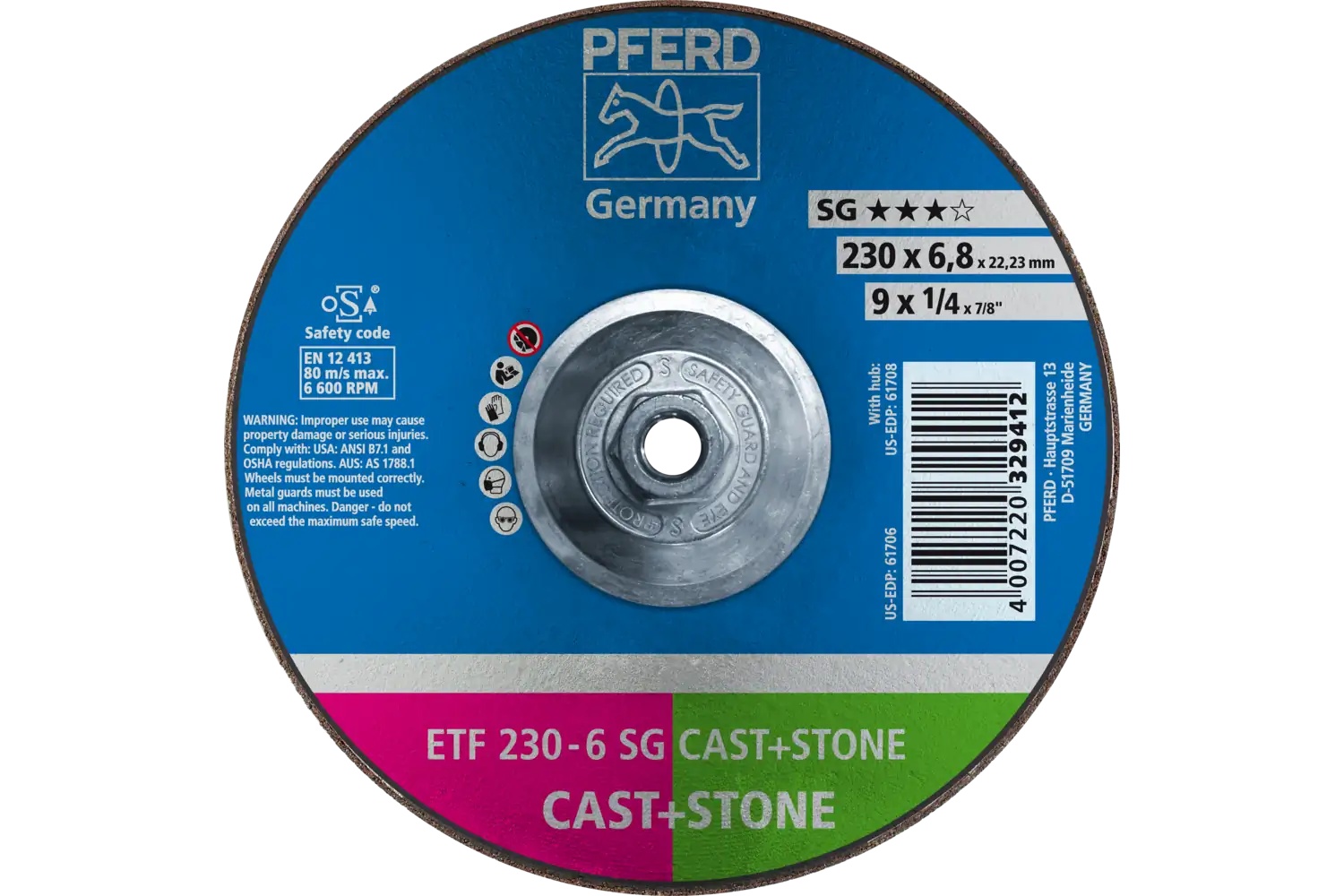 Picture of Pferd Grinding Wheel, 9" X 1/4 X 5/8-11, Sg Cast+Stone, T28, Ao, Sic